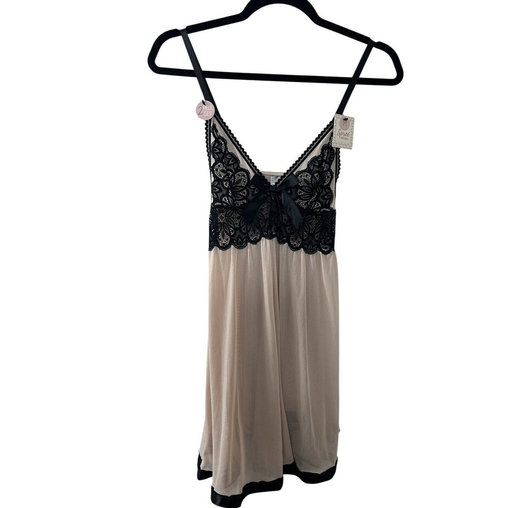 Spree Intimates Lace Babydoll M Beige‎ Black Bow Satin Trim Coquette Romantic